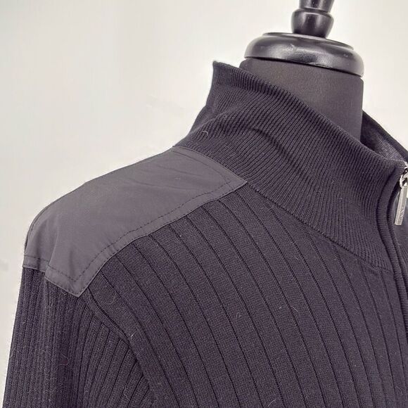 DKNY Military Inspired Zip-Up Mock Neck Cotton Blend Ribbed Sweater Black XL - Picture 7 of 15